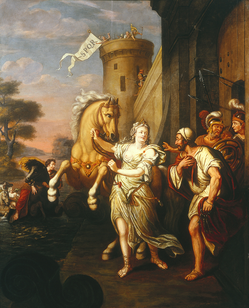 De terugkomst van Cloelia bij de poorten van Rome (wandschildering in De Zaal in het Huis met de Dertien tempels, Groningen)